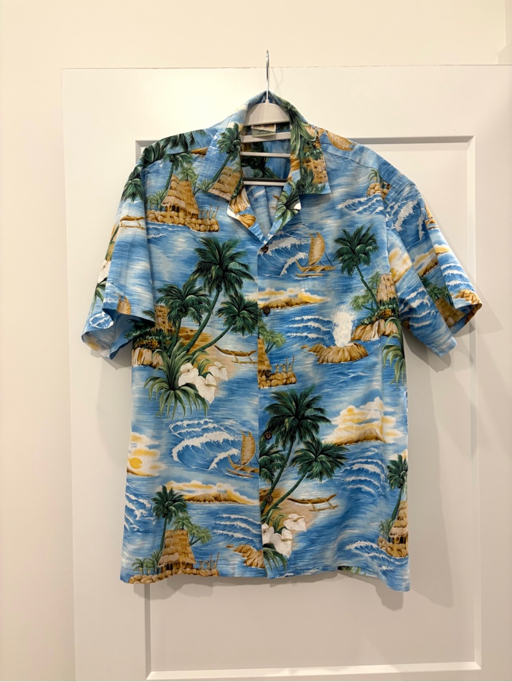 Winnie Fashion Vintage Men's Blue Hawaiian Print Shirt Large